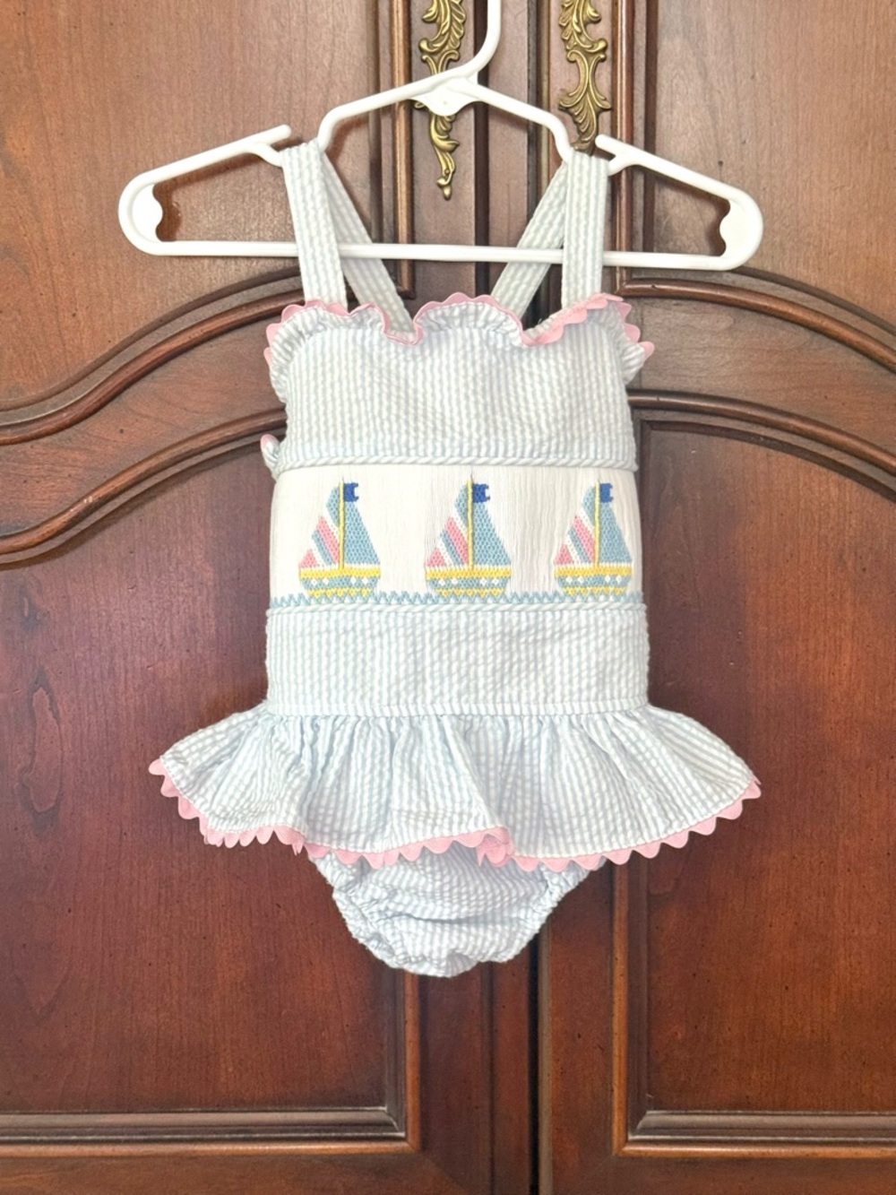 Stitchy Fish Sailboat Bubble 12M  Smocked Seersucker Pink Trim